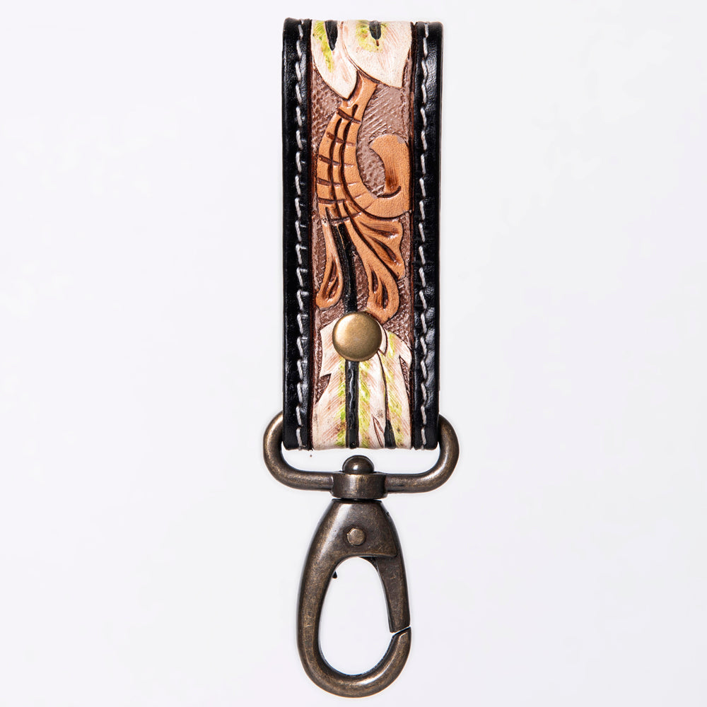 ADKR210 Hand-Tooled Leather Loop Keyring - Floral Design with Swivel Clasp