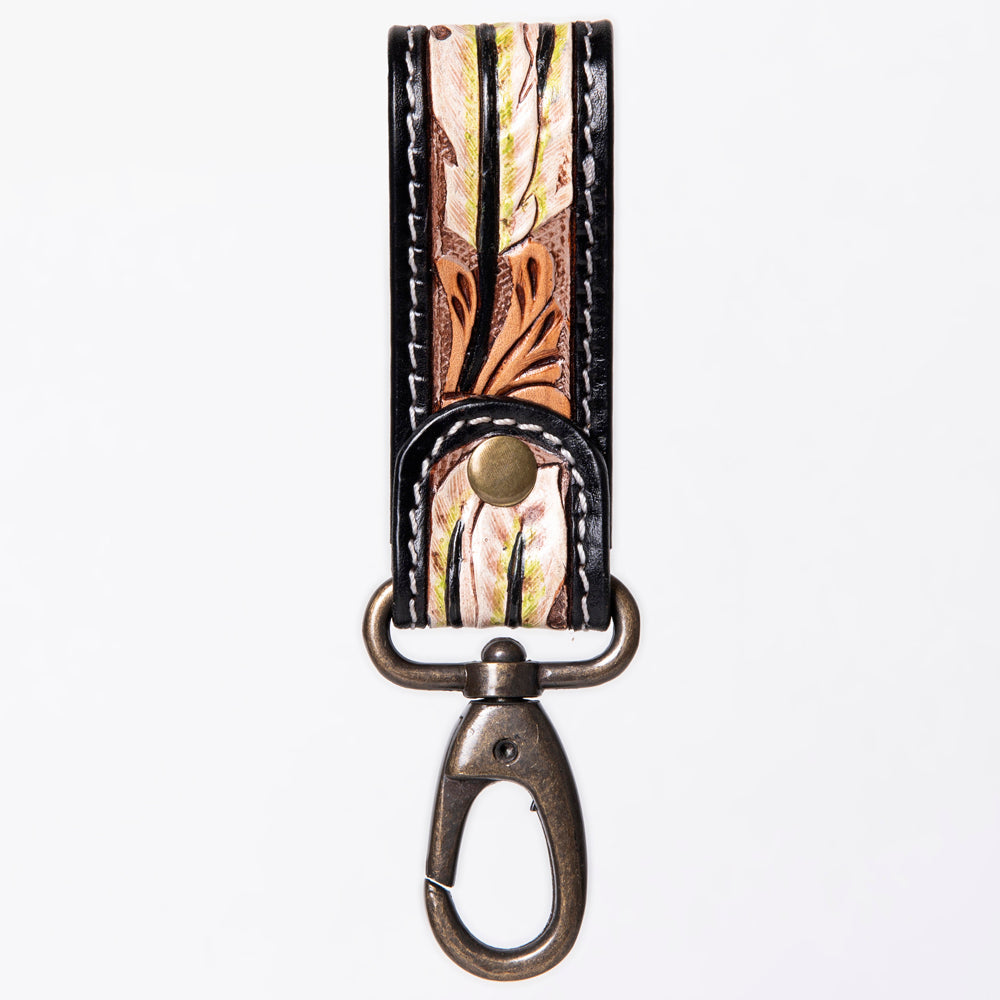 ADKR210 Hand-Tooled Leather Loop Keyring - Floral Design with Swivel Clasp