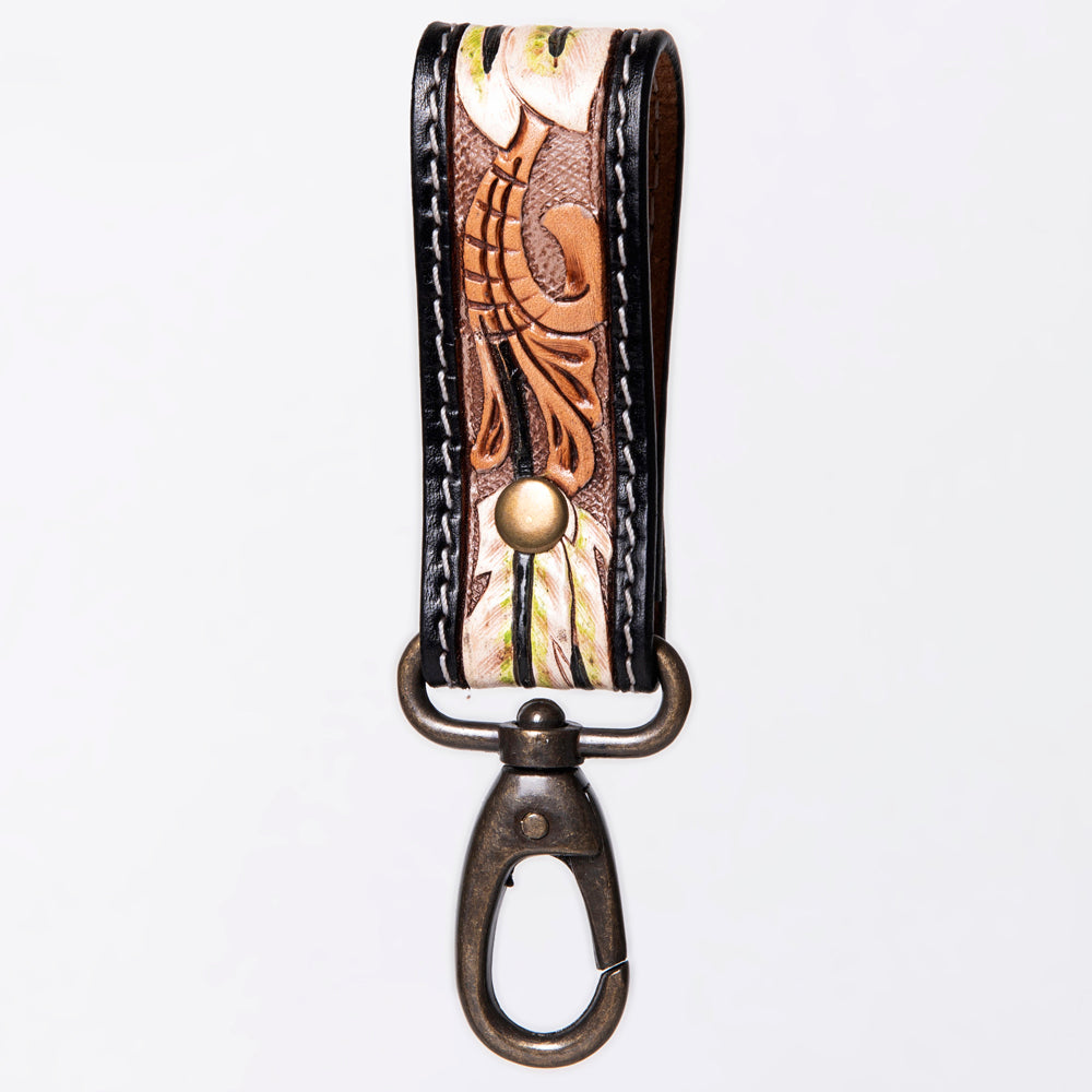 ADKR210 Hand-Tooled Leather Loop Keyring - Floral Design with Swivel Clasp