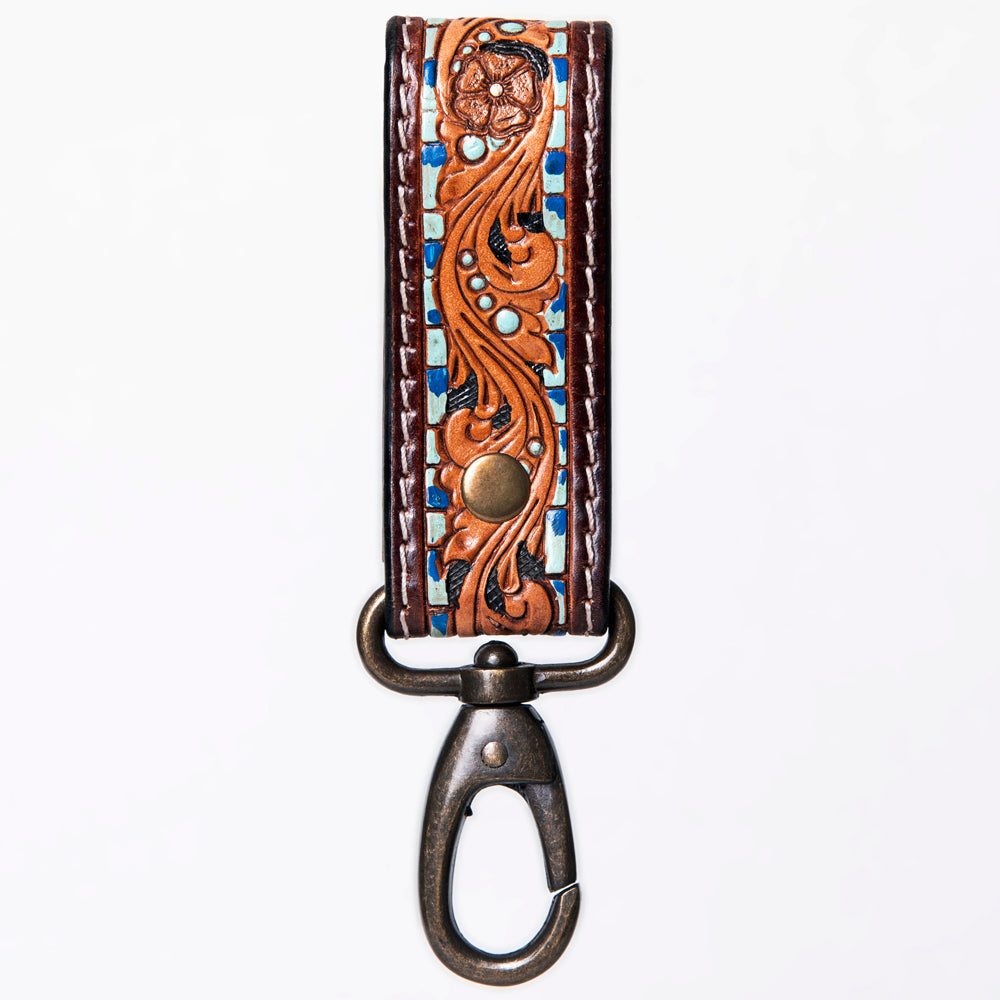 ADKR210 Hand-Tooled Leather Loop Keyring - Floral Design with Swivel Clasp