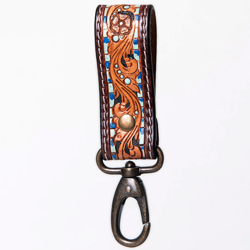 ADKR210 Hand-Tooled Leather Loop Keyring - Floral Design with Swivel Clasp