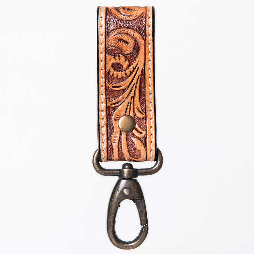 ADKR210 Hand-Tooled Leather Loop Keyring - Floral Design with Swivel Clasp