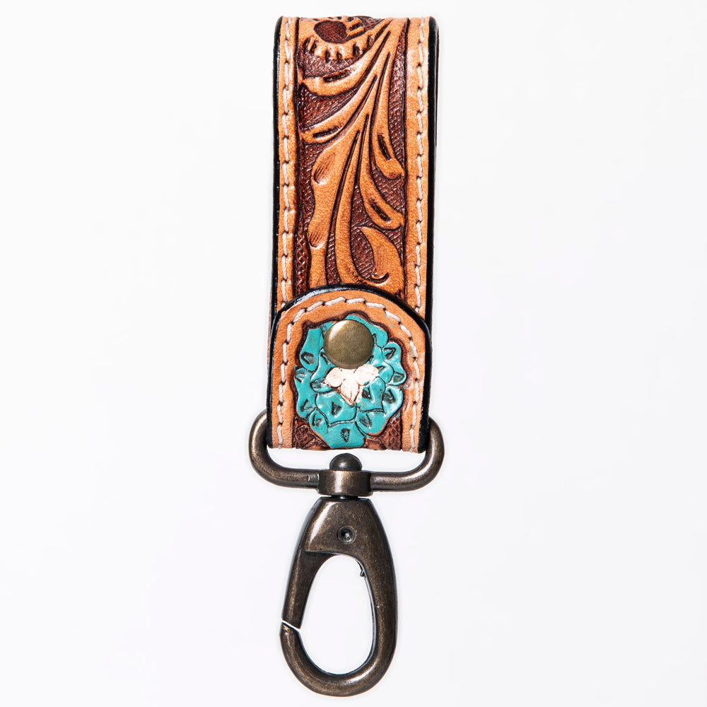 ADKR210 Hand-Tooled Leather Loop Keyring - Floral Design with Swivel Clasp
