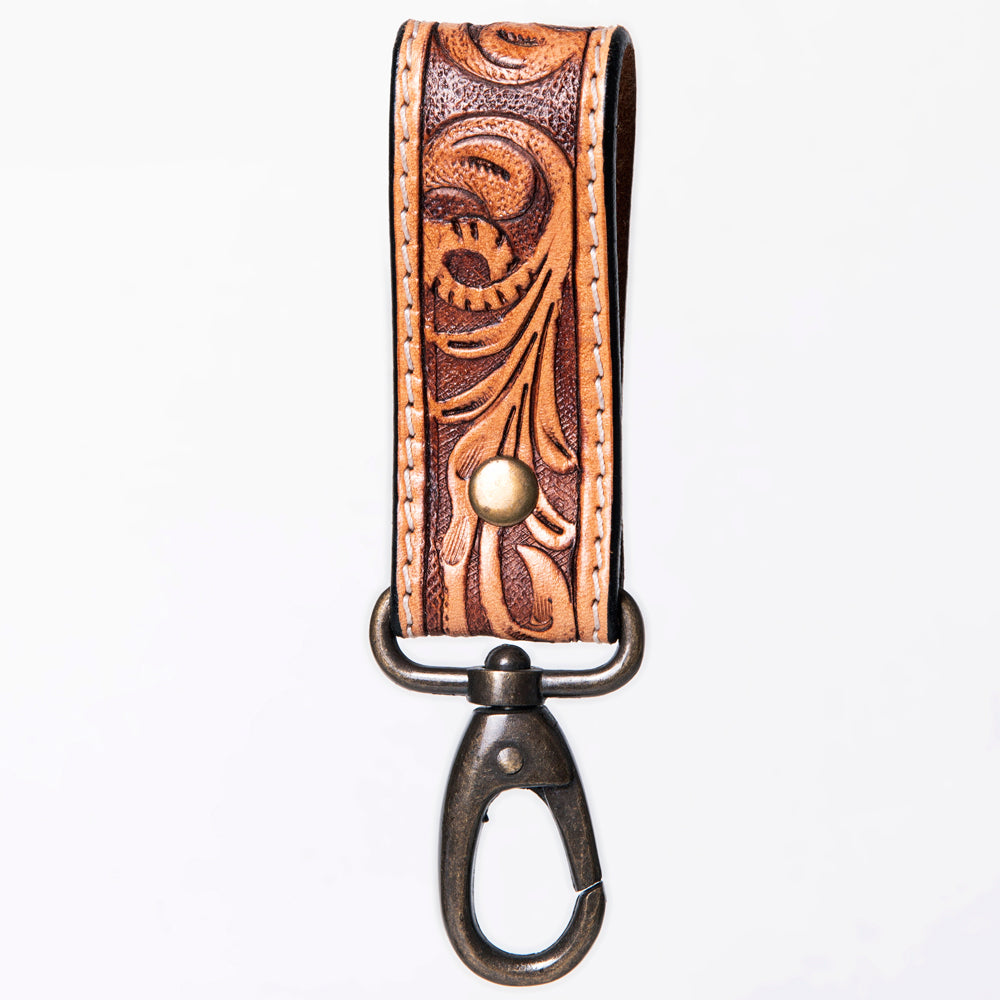 ADKR210 Hand-Tooled Leather Loop Keyring - Floral Design with Swivel Clasp