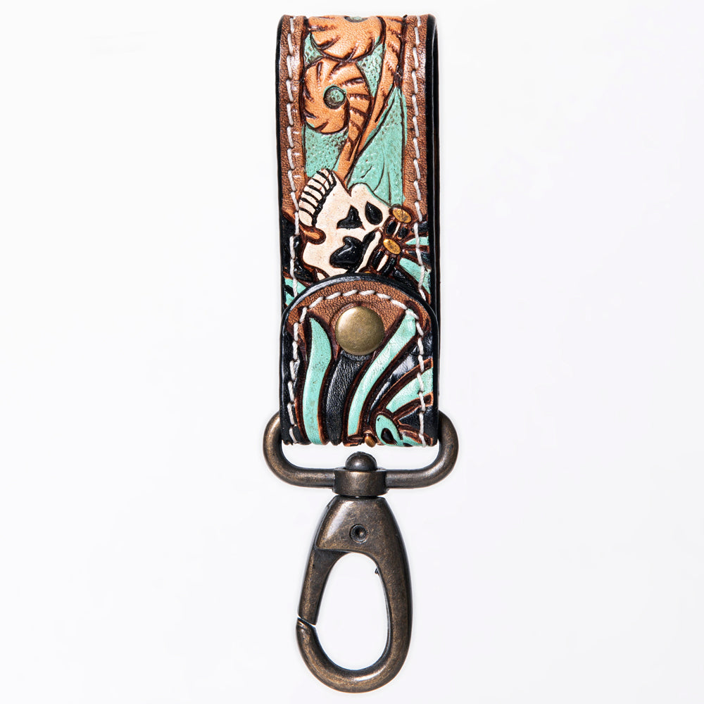 ADKR210 Hand-Tooled Leather Loop Keyring - Floral Design with Swivel Clasp