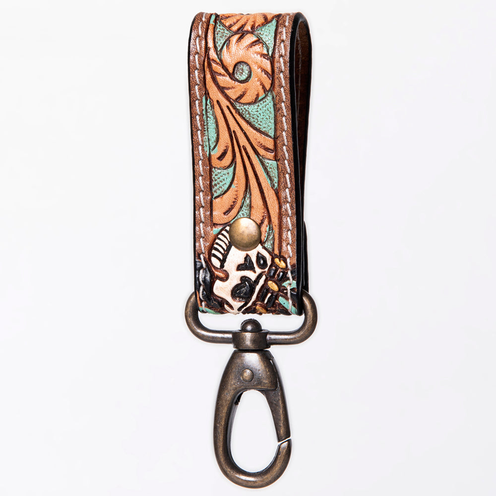 ADKR210 Hand-Tooled Leather Loop Keyring - Floral Design with Swivel Clasp