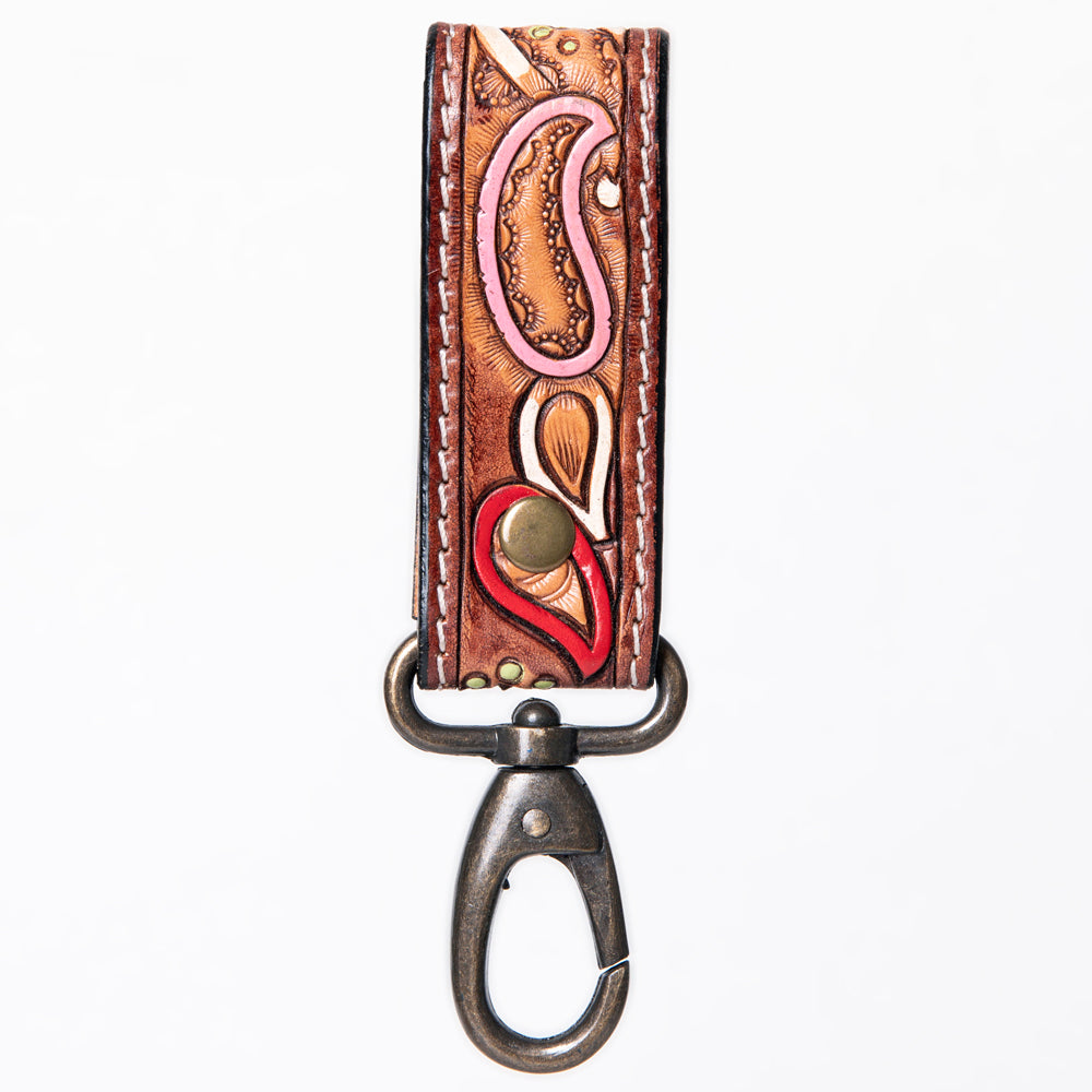 ADKR210 Hand-Tooled Leather Loop Keyring - Floral Design with Swivel Clasp