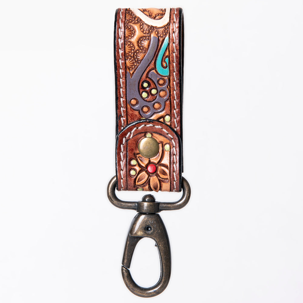 ADKR210 Hand-Tooled Leather Loop Keyring - Floral Design with Swivel Clasp