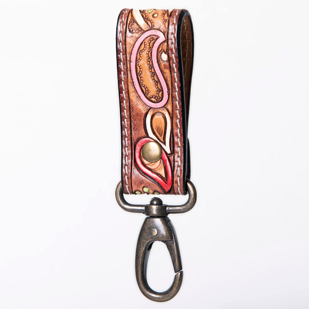 ADKR210 Hand-Tooled Leather Loop Keyring - Floral Design with Swivel Clasp