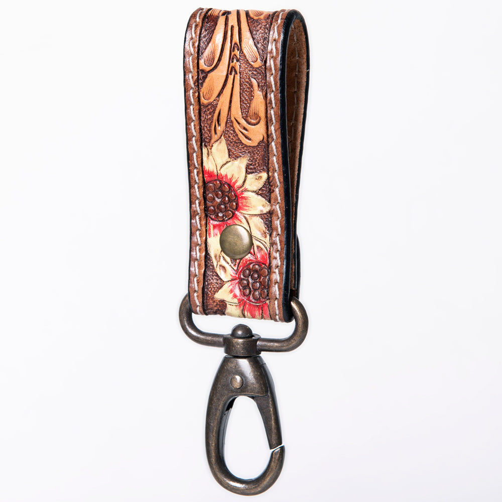 ADKR210 Hand-Tooled Leather Loop Keyring - Floral Design with Swivel Clasp