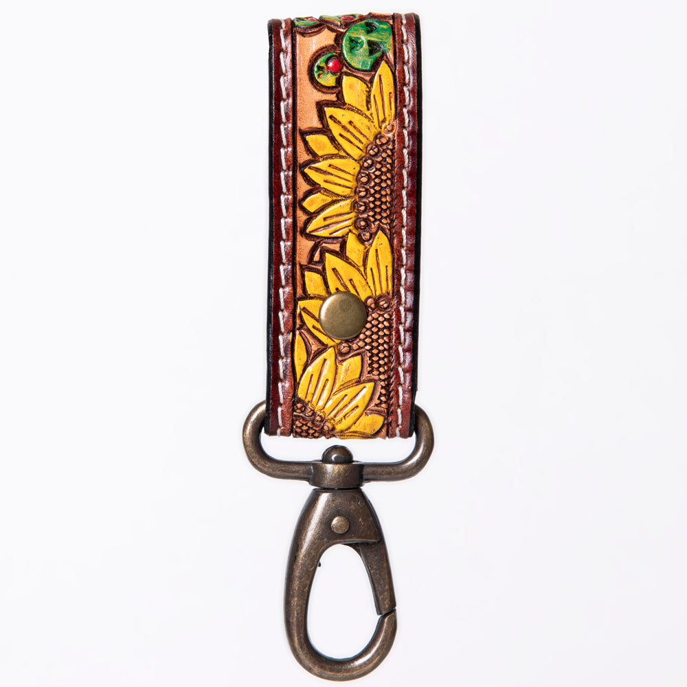 ADKR210 Hand-Tooled Leather Loop Keyring - Floral Design with Swivel Clasp