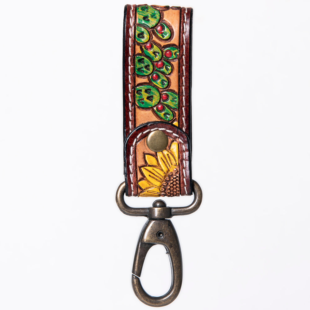 ADKR210 Hand-Tooled Leather Loop Keyring - Floral Design with Swivel Clasp