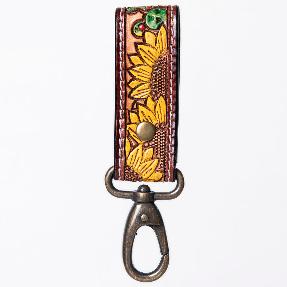 ADKR210 Hand-Tooled Leather Loop Keyring - Floral Design with Swivel Clasp