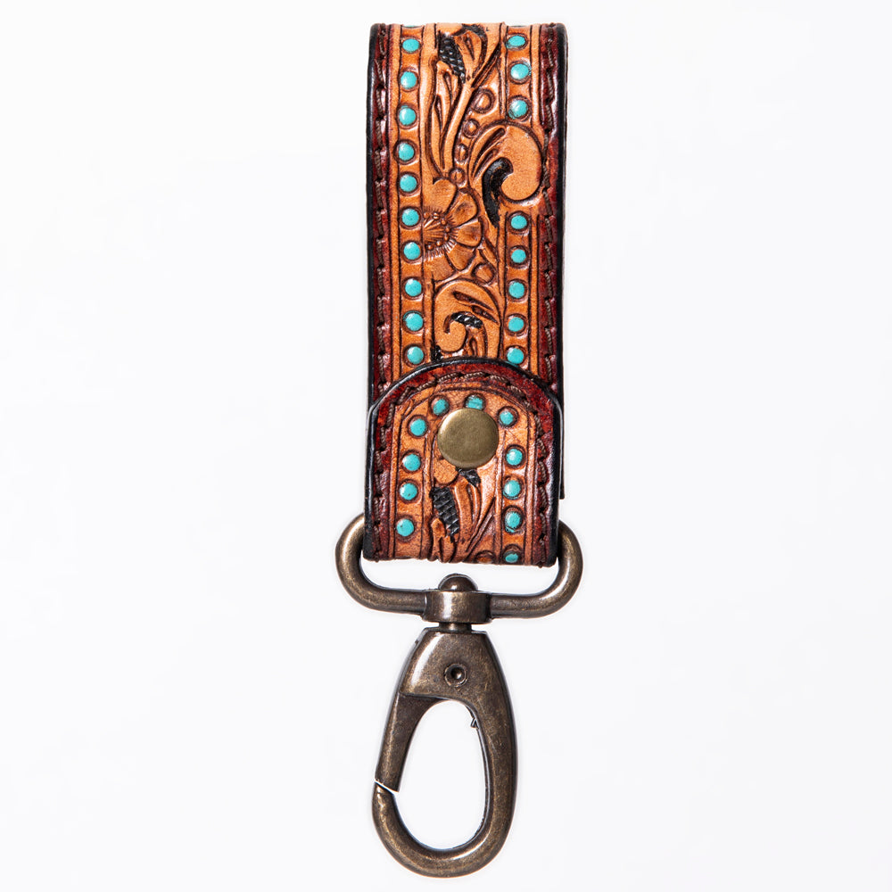 ADKR210 Hand-Tooled Leather Loop Keyring - Floral Design with Swivel Clasp