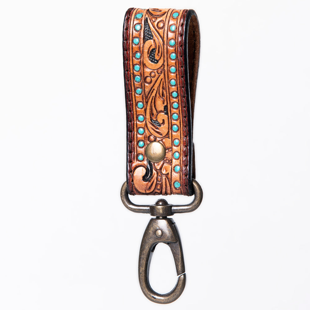 ADKR210 Hand-Tooled Leather Loop Keyring - Floral Design with Swivel Clasp
