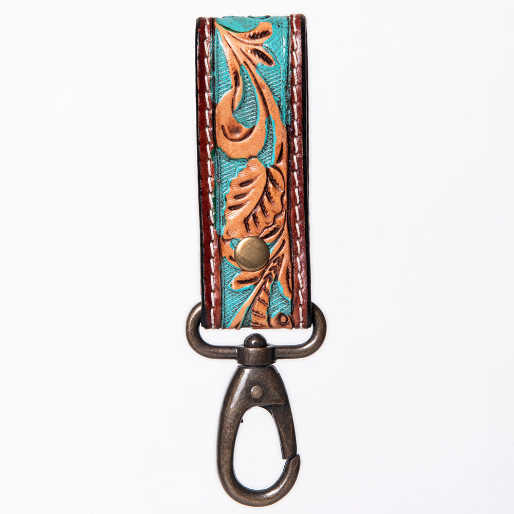 ADKR210 Hand-Tooled Leather Loop Keyring - Floral Design with Swivel Clasp