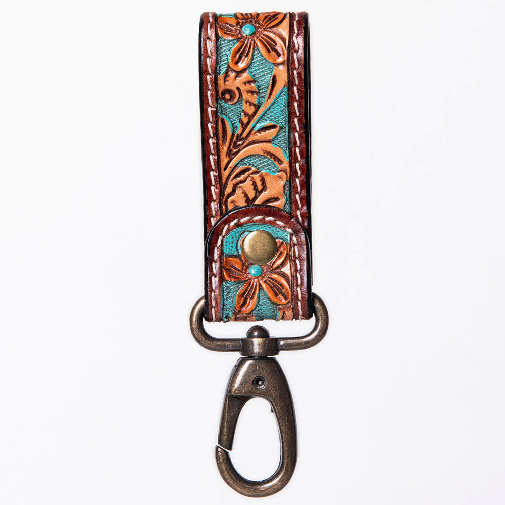 ADKR210 Hand-Tooled Leather Loop Keyring - Floral Design with Swivel Clasp