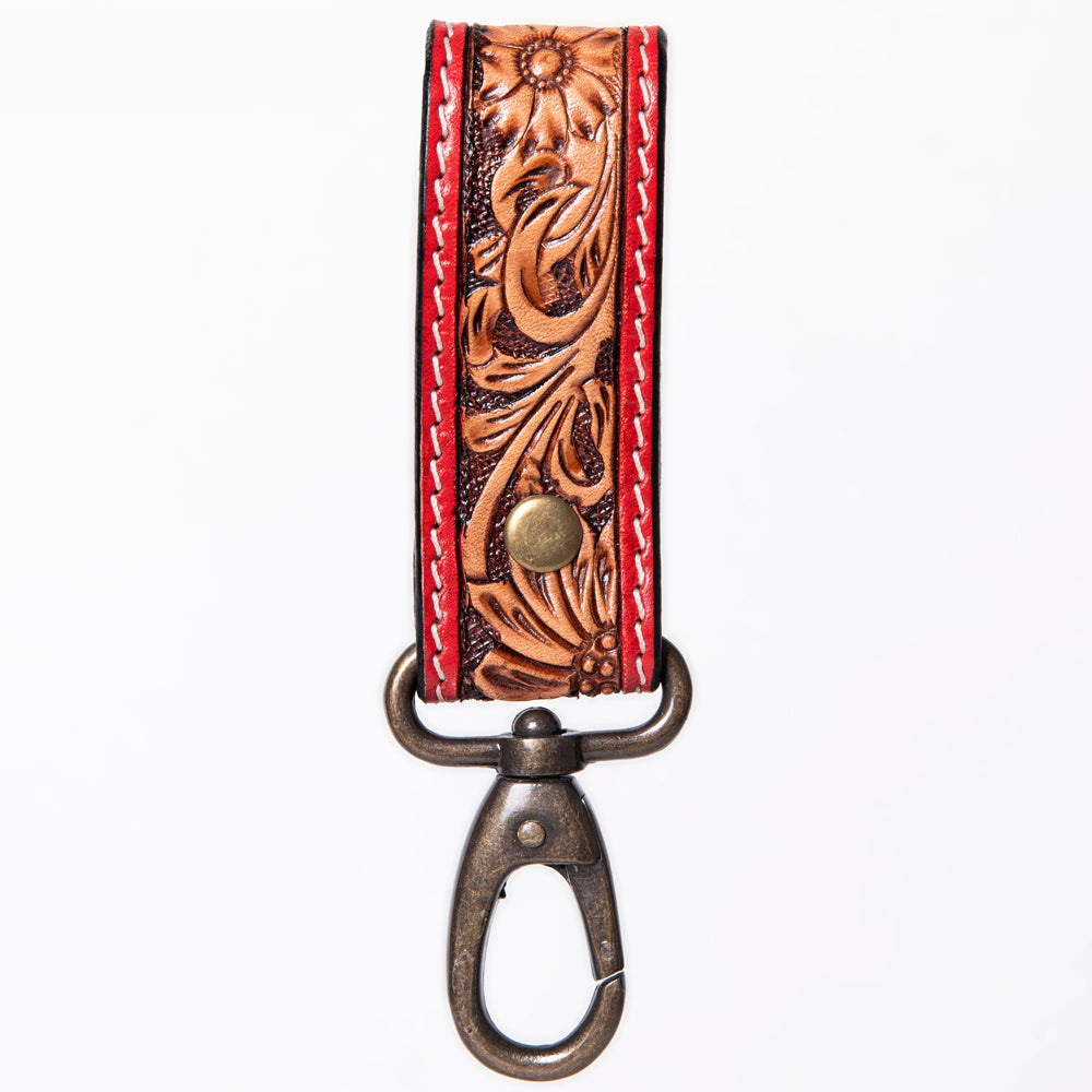 ADKR210 Hand-Tooled Leather Loop Keyring - Floral Design with Swivel Clasp