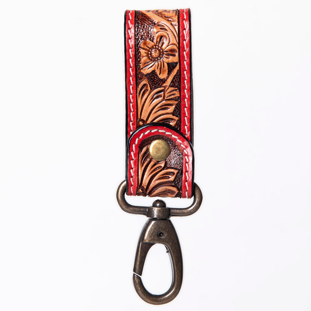 ADKR210 Hand-Tooled Leather Loop Keyring - Floral Design with Swivel Clasp