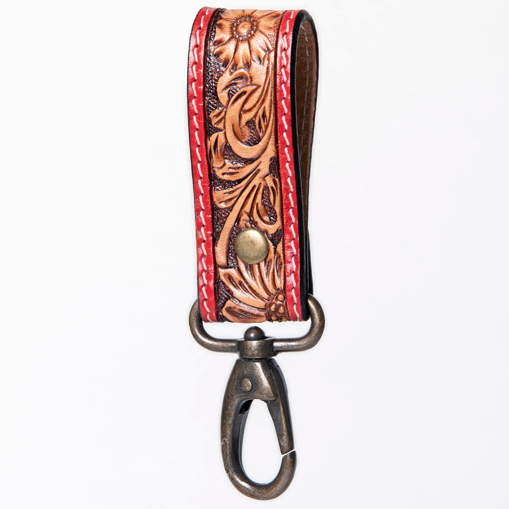 ADKR210 Hand-Tooled Leather Loop Keyring - Floral Design with Swivel Clasp