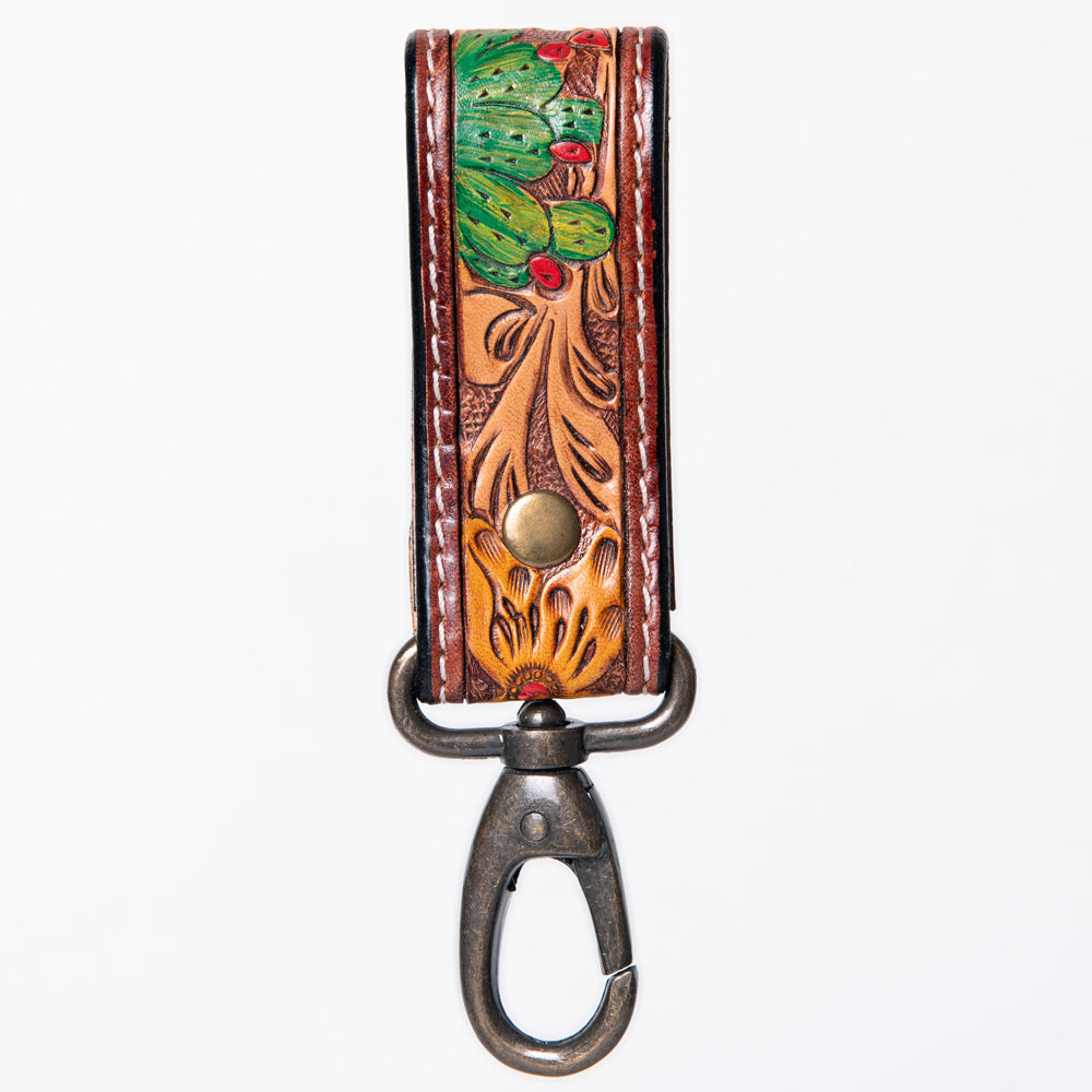 ADKR210 Hand-Tooled Leather Loop Keyring - Floral Design with Swivel Clasp