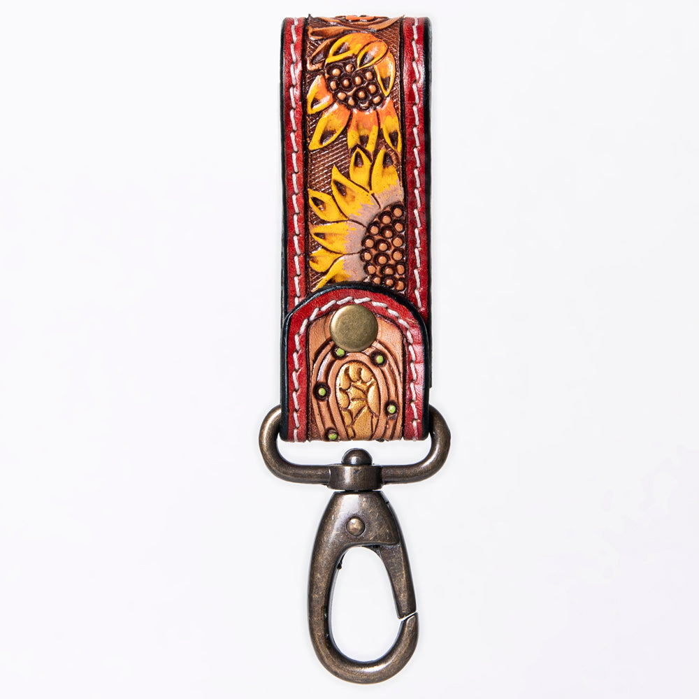ADKR210 Hand-Tooled Leather Loop Keyring - Floral Design with Swivel Clasp