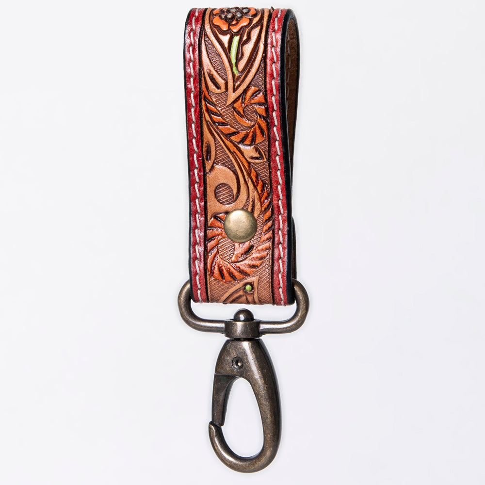 ADKR210 Hand-Tooled Leather Loop Keyring - Floral Design with Swivel Clasp