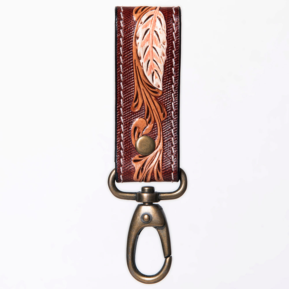 ADKR210 Hand-Tooled Leather Loop Keyring - Floral Design with Swivel Clasp