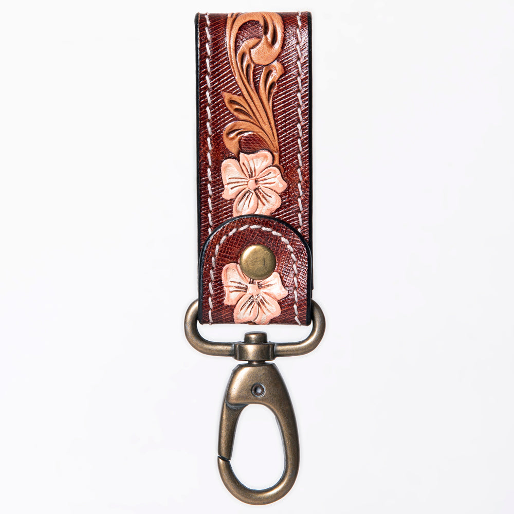 ADKR210 Hand-Tooled Leather Loop Keyring - Floral Design with Swivel Clasp