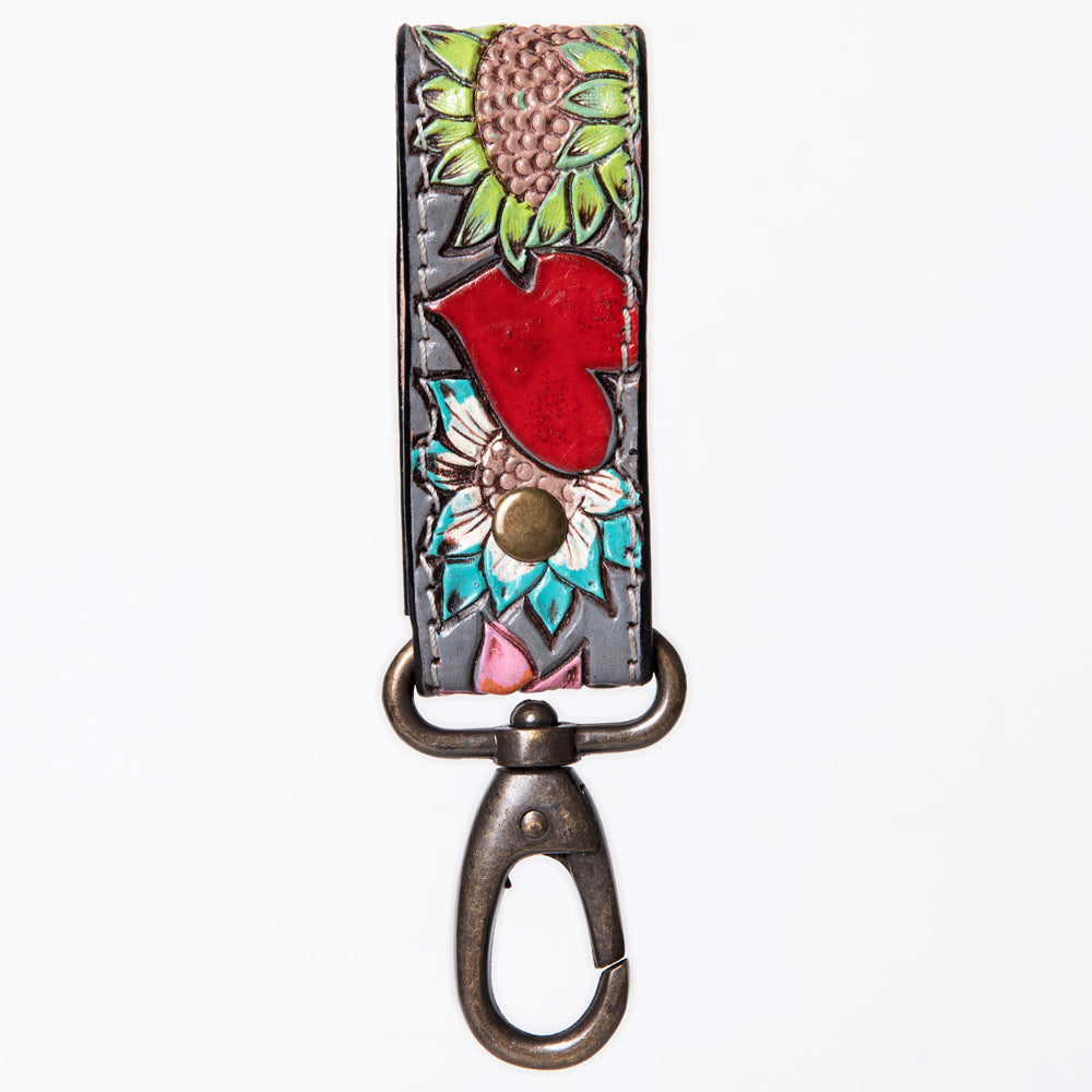 LC-ADKR210S Hand-Tooled Leather keyring   Red Heart & Sunflower Floral on Charcoal