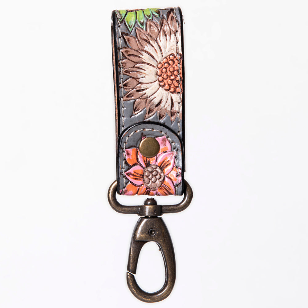 LC-ADKR210S Hand-Tooled Leather keyring   Red Heart & Sunflower Floral on Charcoal