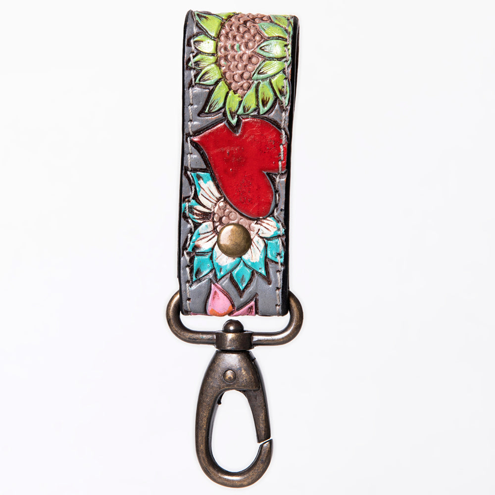 LC-ADKR210S Hand-Tooled Leather keyring   Red Heart & Sunflower Floral on Charcoal