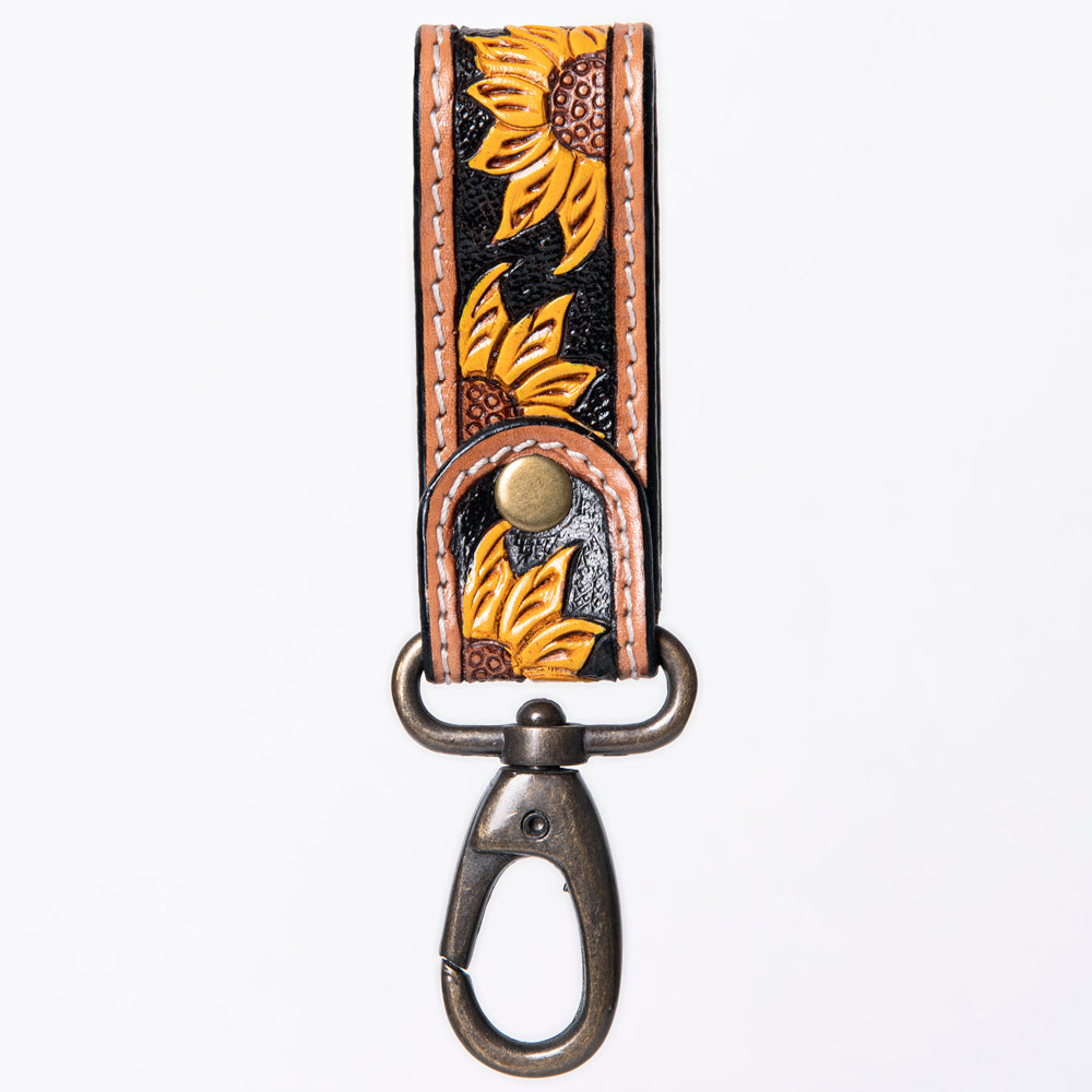ADKR210 Hand-Tooled Leather Loop Keyring - Floral Design with Swivel Clasp