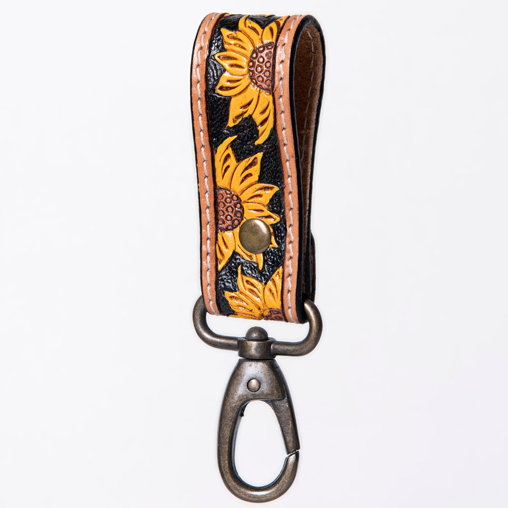 ADKR210 Hand-Tooled Leather Loop Keyring - Floral Design with Swivel Clasp