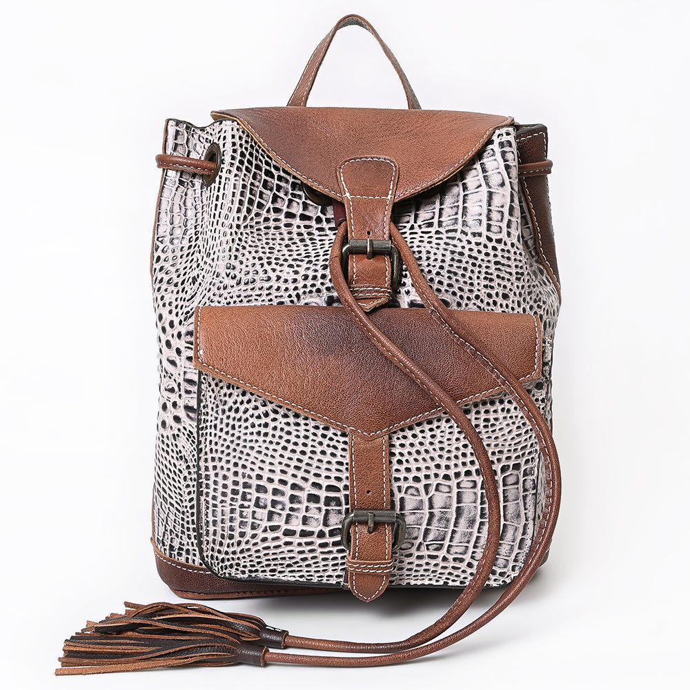 LC-ADBG972 Croc-Embossed Leather Backpack with Brown Leather Accents & Tassel