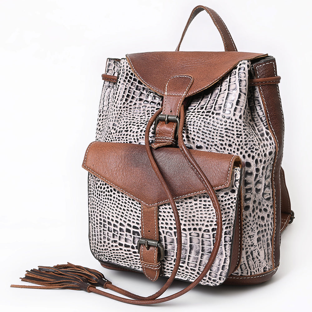 LC-ADBG972 Croc-Embossed Leather Backpack with Brown Leather Accents & Tassel