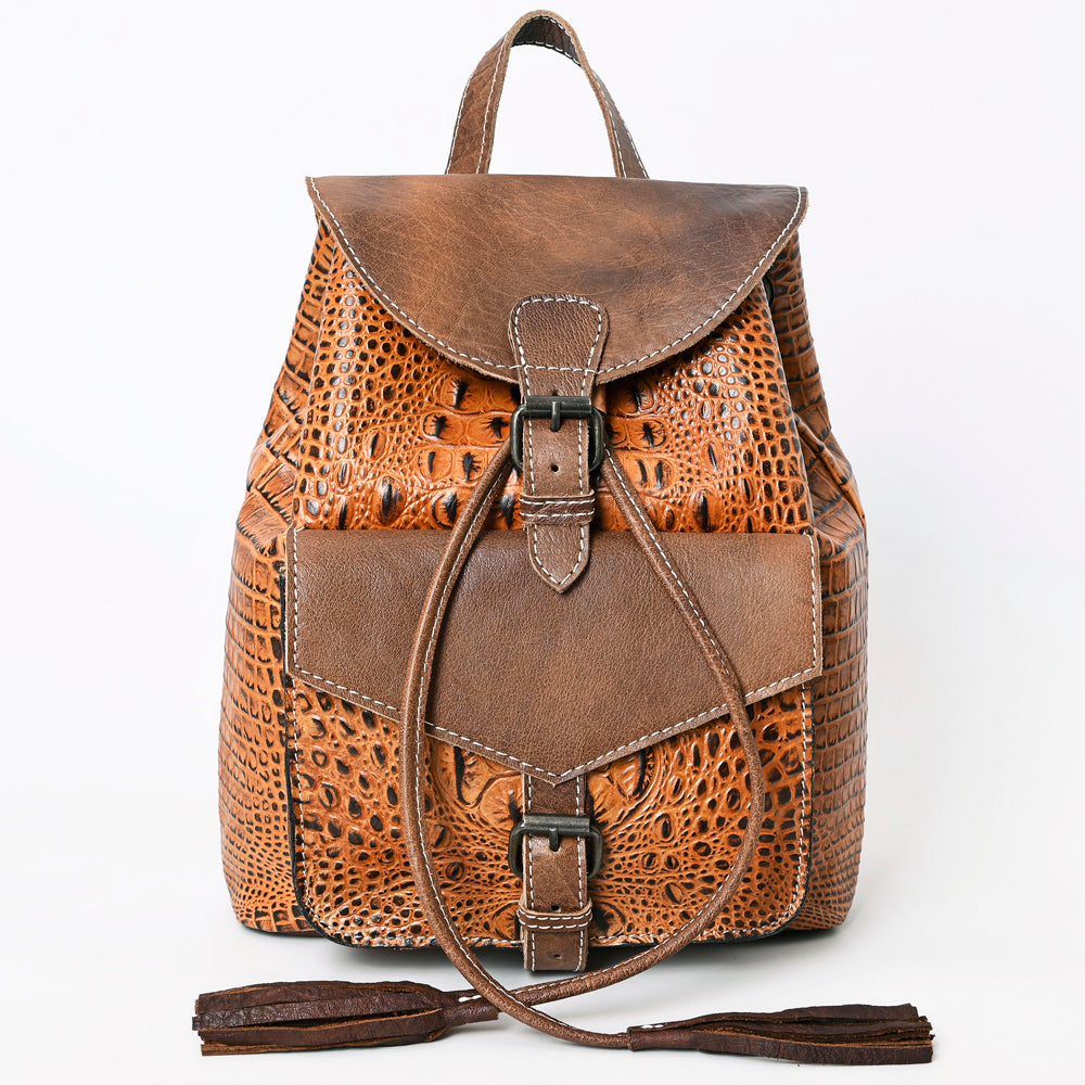 LC-ADBG972 Croc-Embossed Leather Backpack with Brown Leather Accents & Tassel