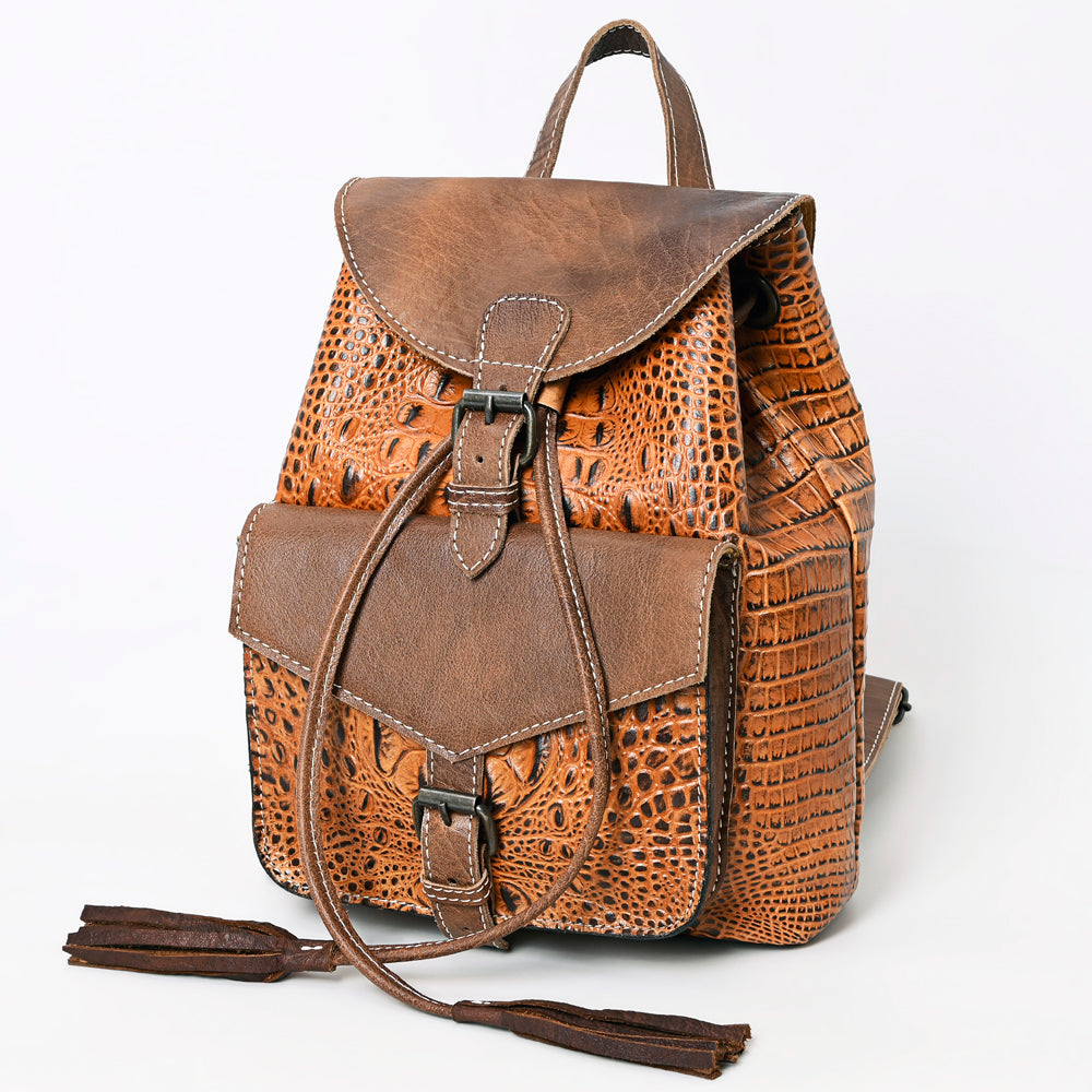 LC-ADBG972 Croc-Embossed Leather Backpack with Brown Leather Accents & Tassel