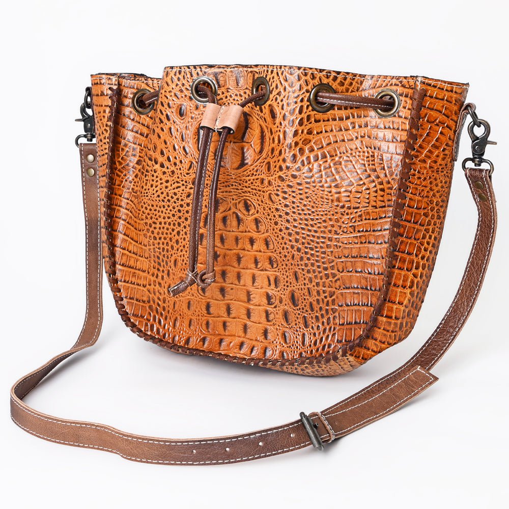 ADBG975 Croc-Embossed Leather Bucket Bag with Drawstring & Whipstitch Detailing