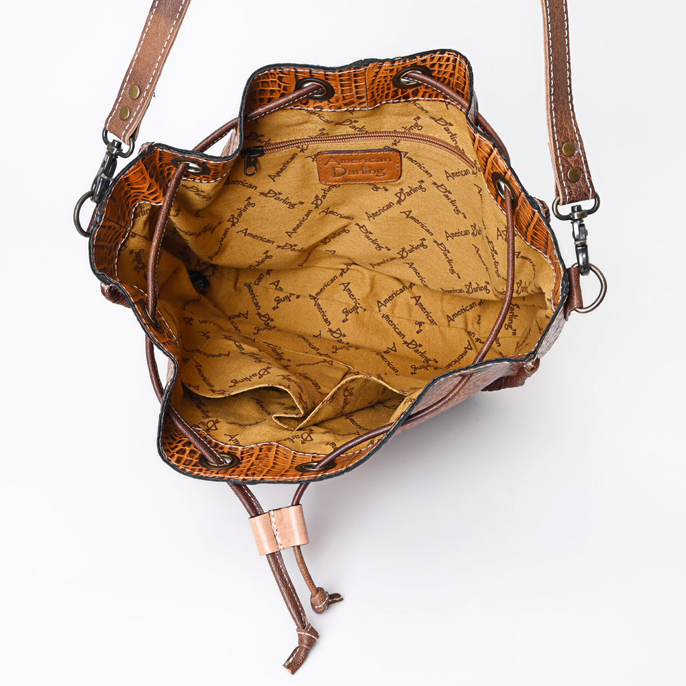 ADBG975 Croc-Embossed Leather Bucket Bag with Drawstring & Whipstitch Detailing