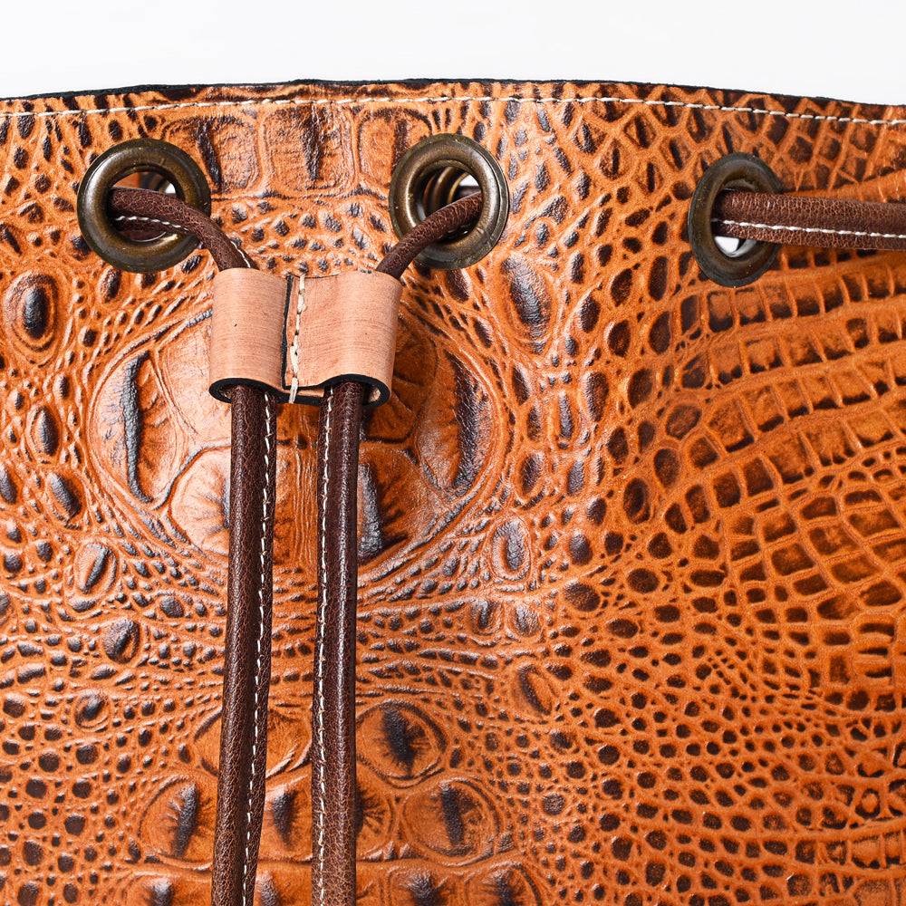 ADBG975 Croc-Embossed Leather Bucket Bag with Drawstring & Whipstitch Detailing