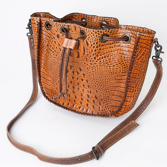 ADBG975 Croc-Embossed Leather Bucket Bag with Drawstring & Whipstitch Detailing