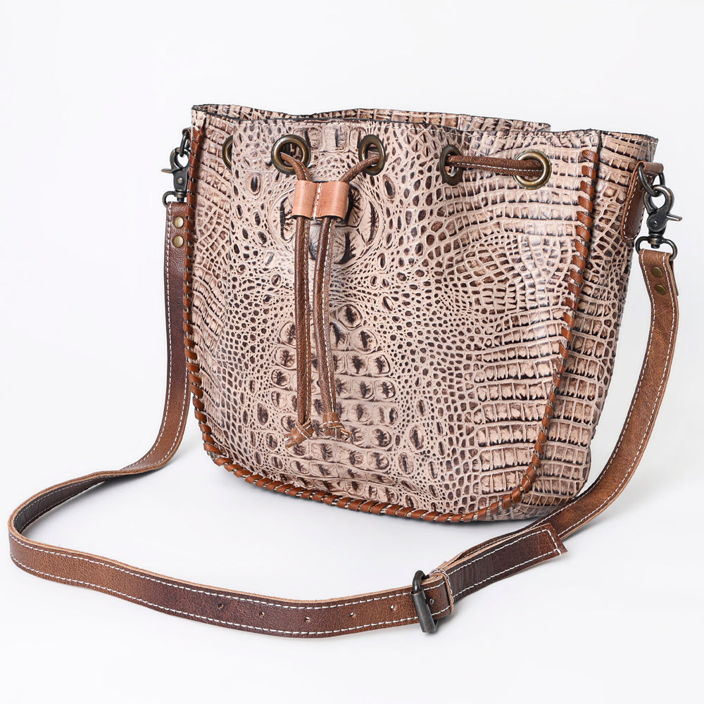 ADBG975 Croc-Embossed Leather Bucket Bag with Drawstring & Whipstitch Detailing