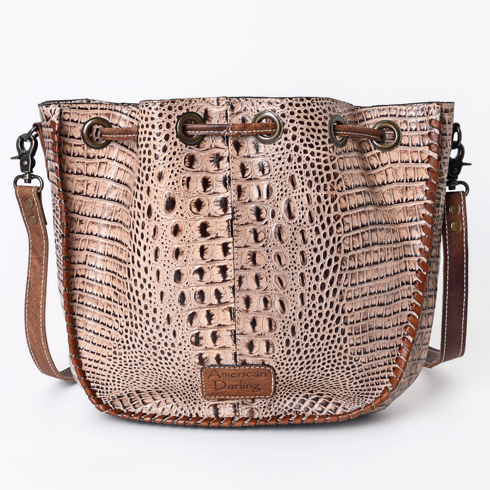 ADBG975 Croc-Embossed Leather Bucket Bag with Drawstring & Whipstitch Detailing