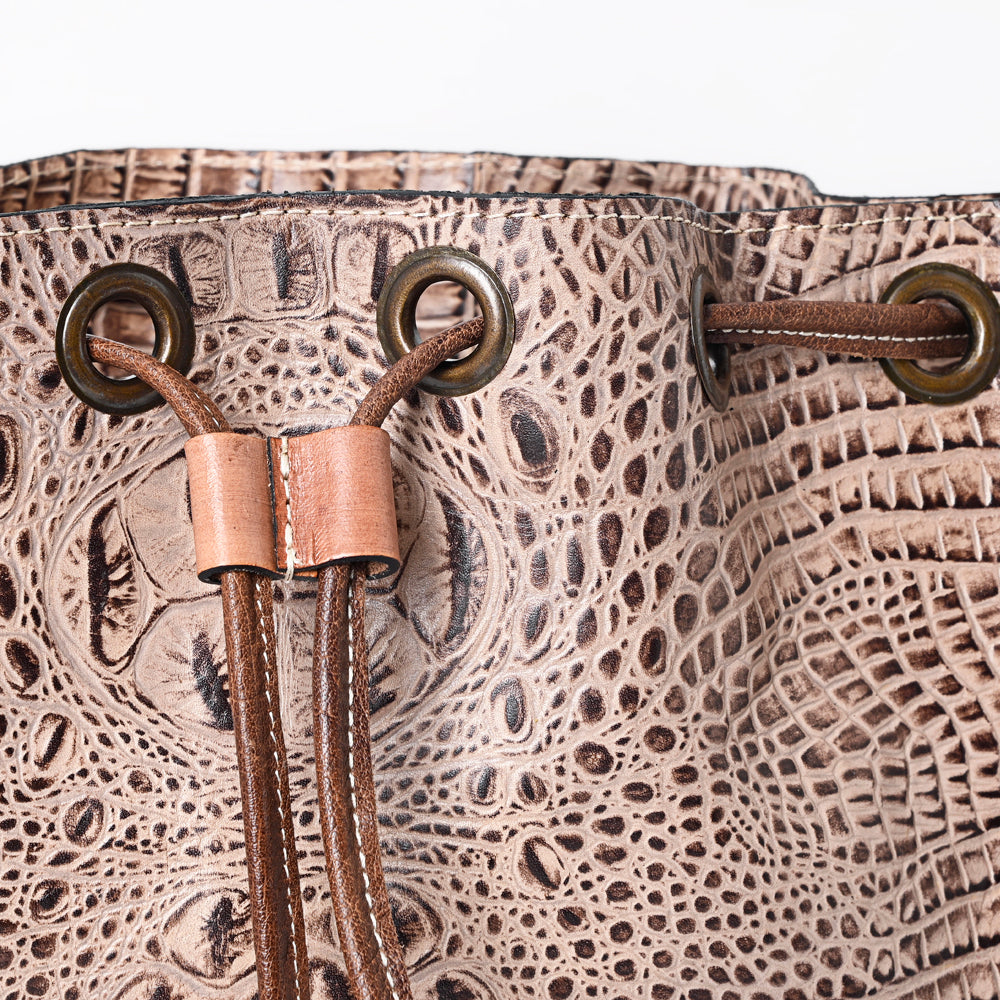 ADBG975 Croc-Embossed Leather Bucket Bag with Drawstring & Whipstitch Detailing