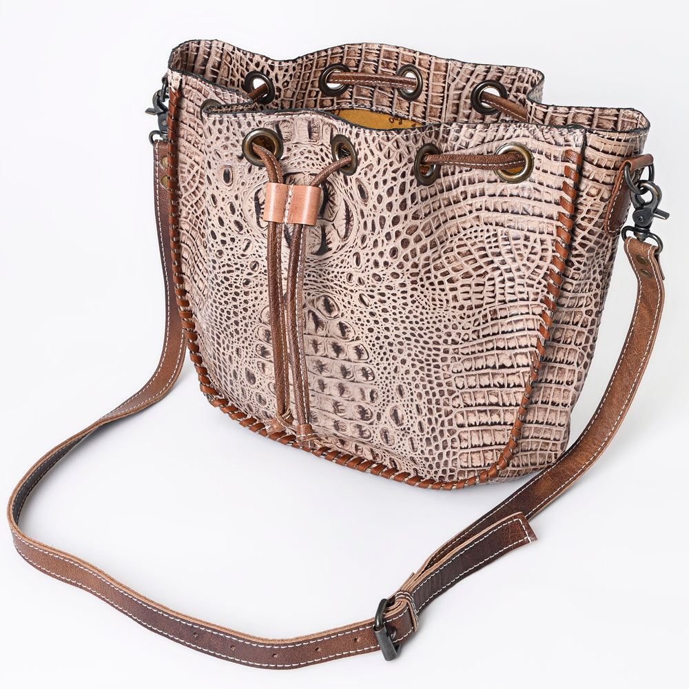 ADBG975 Croc-Embossed Leather Bucket Bag with Drawstring & Whipstitch Detailing