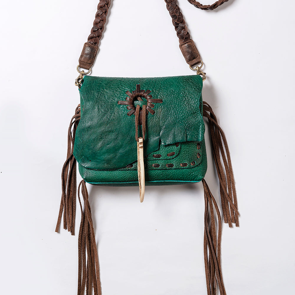 ADBGM255 Leather Western Crossbody Bag - Fringe Purse with Horn Toggle & Braided Strap
