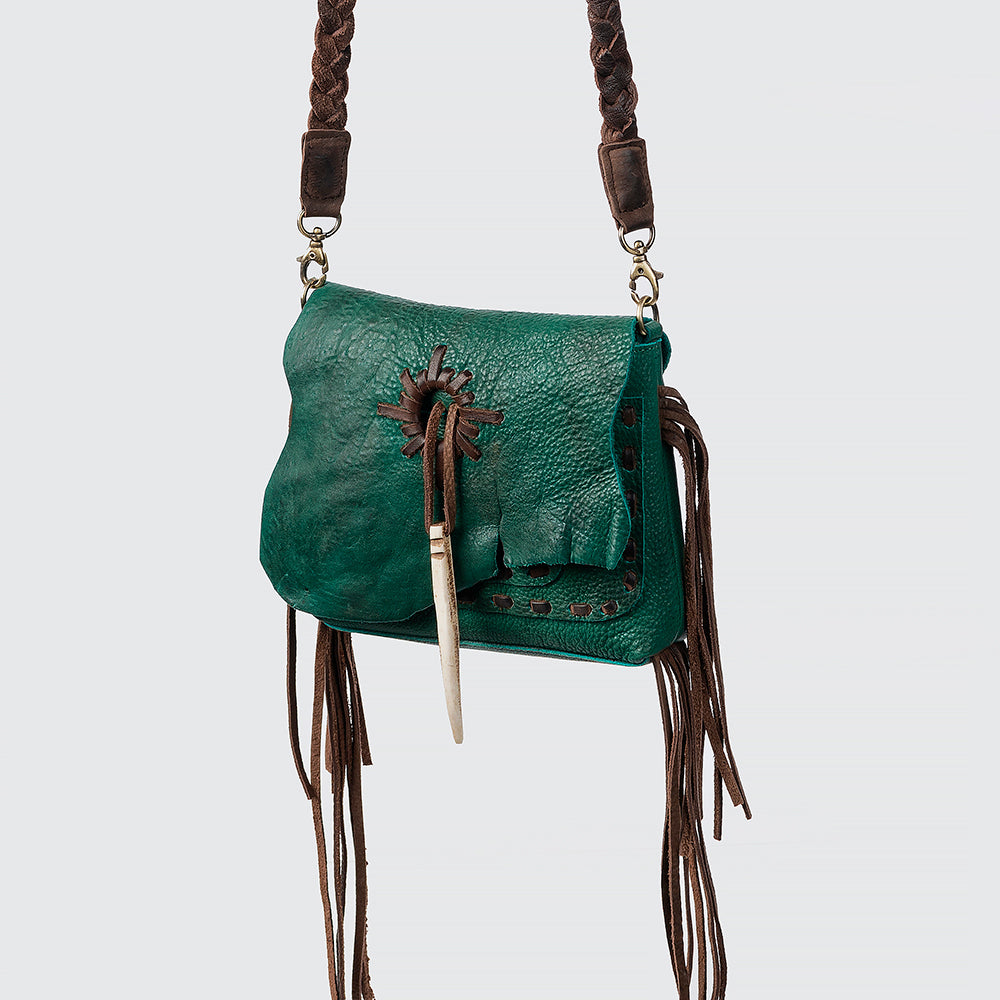 ADBGM255 Leather Western Crossbody Bag - Fringe Purse with Horn Toggle & Braided Strap