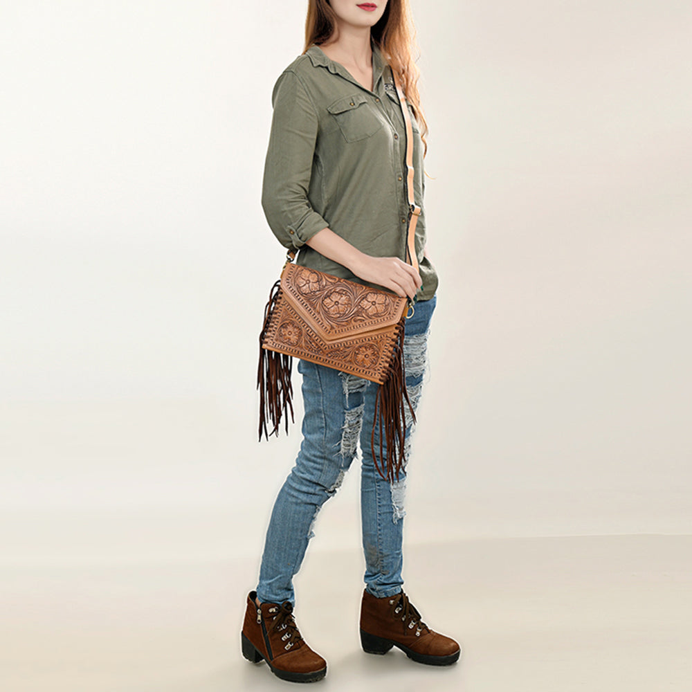 ADBGF105 Envelope-Style Genuine Leather Western Bag with Fringe & Floral Tooling