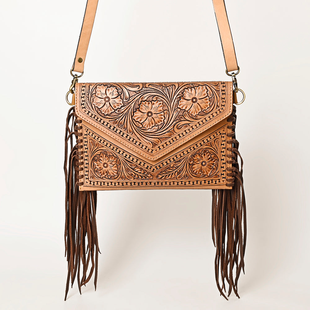 ADBGF105 Envelope-Style Genuine Leather Western Bag with Fringe & Floral Tooling